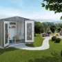 Metalowy domek narzędziowy Biohort Europa, srebrno-metaliczny, z otwartymi drzwiami i narzędziami ogrodowymi.