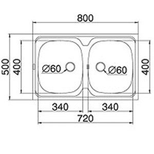 Rysunek techniczny: Zlewozmywak ze stali nierdzewnej t.b.t. z podwójną misą i wymiarami.