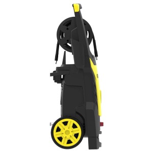 Myjka ciśnieniowa t.b.t. w kolorze czarno-żółtym, widok z boku.