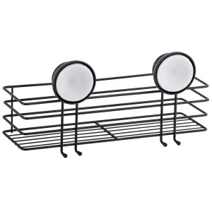 Czarny koszyk na akcesoria łazienkowe z przyssawkami do montażu na ścianie.