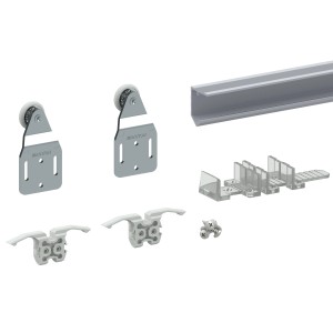 Zestaw t.b.t. Prowadnice: Szyna, rolki, stopery i elementy montażowe.