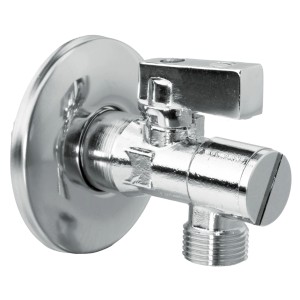 Błyszczący chromowany zawór kątowy do podłączeń wodnych.