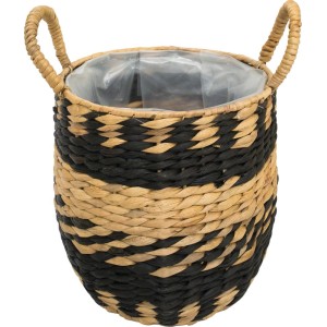 Ręcznie robiona osłonka na doniczkę z ziołami, z hiacyntu wodnego, czarno-naturalna.