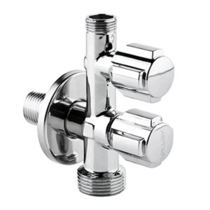 Błyszczący zawór kątowy t.b.t. z dwoma wyjściami do łazienki i kuchni.