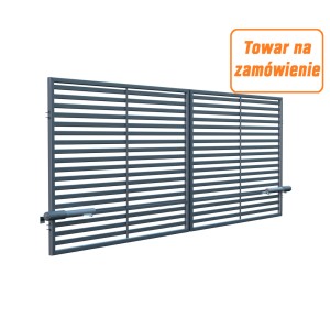 Nowoczesna metalowa brama ogrodzeniowa (t.b.t.) z poziomymi lamelami i napędem.