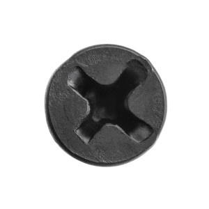 Zbliżenie na czarną śrubę (t.b.t.) z krzyżowym łbem.