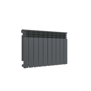 Szary grzejnik t.b.t. do użytku wewnętrznego.