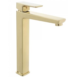 Złota bateria umywalkowa t.b.t. do nowoczesnych łazienek.