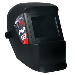 Czarna maska spawalnicza z okienkiem, akcesoria spawalnicze.