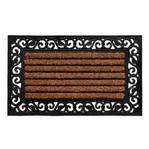 Wycieraczka z brązowym włosiem i ozdobną czarną ramą.