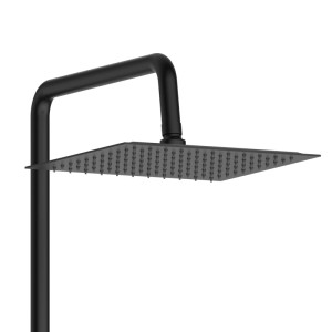 Czarna kolumna prysznicowa t.b.t. z kwadratową głowicą prysznicową do nowoczesnych łazienek.