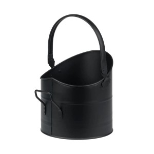 Czarne wiadro na węgiel z uchwytem, akcesoria kominkowe.
