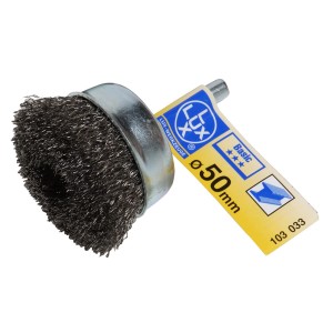 Szczotka garnkowa LUX 50 mm do wiertarek, idealna do usuwania rdzy i czyszczenia metalu.