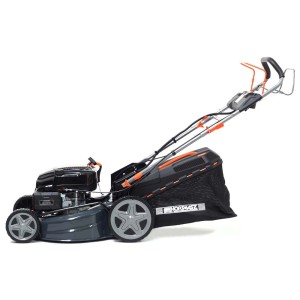 Kosiarka spalinowa, widok z boku, z koszem.