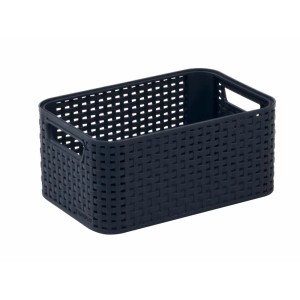 Ciemnoniebieski pojemnik do przechowywania t.b.t. z efektem plecionki i uchwytami.