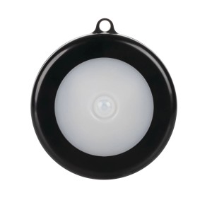 Czarna lampa podszafkowa t.b.t. z okrągłą powierzchnią LED i oczkiem do zawieszenia.