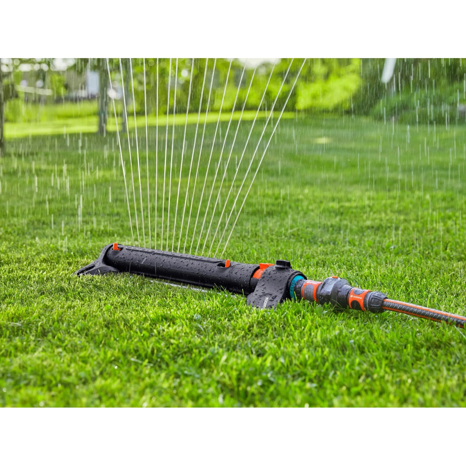 Zraszacz Gardena Aqua Zoom M w akcji, nawadnianie trawnika. Zraszacz wahadłowy do 250 m².