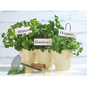 Etykiety do roślin OBI, 5 białych etykiet w doniczkach z ziołami: melisą, bazylią i oregano.