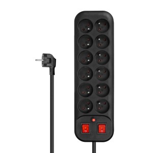 Czarna listwa zasilająca t.b.t. z 10 gniazdami i wyłącznikiem.