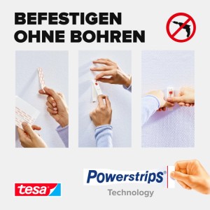 Instrukcja: Tesa gwóźdź samoprzylepny do tapet i tynku bez wiercenia. Regulowany, udźwig do 1 kg.