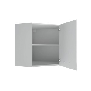 Otwarta, szara szafka wisząca t.b.t. z dwiema półkami, część zestawu mebli kuchennych.