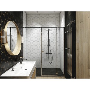 Nowoczesna łazienka z kolumną prysznicową t.b.t., umywalką i lustrem.