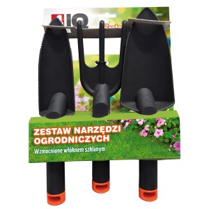 Zestaw trzech czarnych narzędzi ogrodowych (łopata, grabie, kielnia) do prac w ogrodzie.