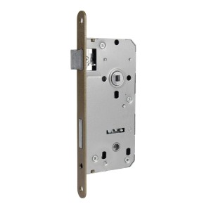 Metalowy zamek wpuszczany do drzwi wewnętrznych, widok szczegółowy.