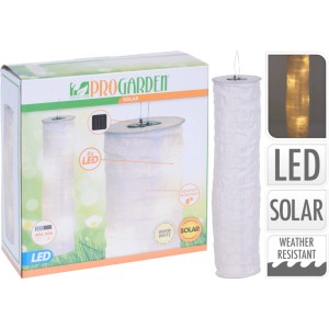Biały lampion solarny z LED i opakowaniem.