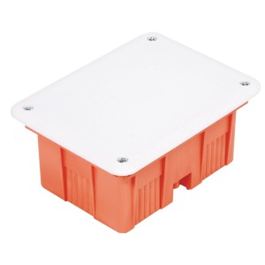Pomarańczowa puszka podtynkowa z białą pokrywą, do instalacji elektrycznych.