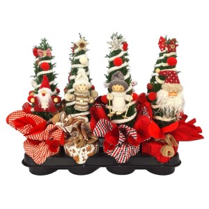 Zestaw dekoracji świątecznych: 4 małe choinki z figurkami i prezentami, świąteczna dekoracja stołu.