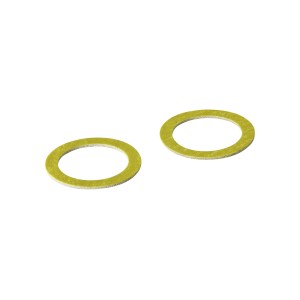 Dwa płaskie, żółte pierścienie uszczelniające do hydrauliki i ogrzewania.
