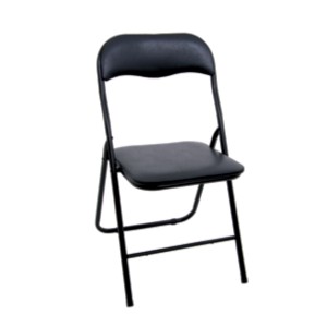 Czarne krzesło składane z wyściełanym siedziskiem, idealne na kemping i do ogrodu.