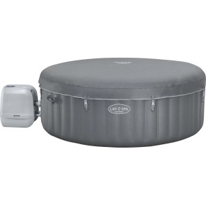 Szary, okrągły Lay-Z-Spa z hydromasażem, z pokrywą i pompą.