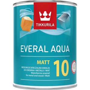 Tikkurila Everal Aqua Matt 10, farba do mieszania, puszka w kolorze turkusowym z symbolami drewna i metalu.