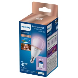 Żarówka Philips Smart LED E14, 40W, regulowana biel i kolor, w opakowaniu.