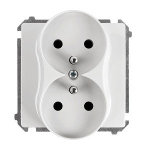 Białe podwójne gniazdko elektryczne do użytku wewnętrznego.