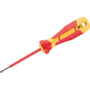 Wkrętak LUX VDE Professional SL 2,5 mm z czerwono-żółtą rękojeścią i płaskim ostrzem.