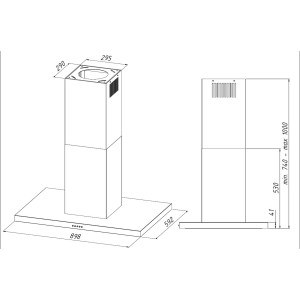 Rysunek techniczny okapu wyspowego z wymiarami.