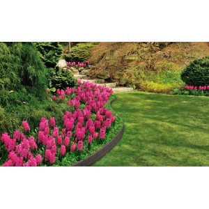 Ogród z brązowym obrzeżem t.b.t. i różowymi kwiatami.