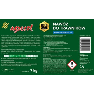 Opakowanie nawozu do trawników Agrecol, Seria Gold, 7 kg.