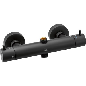 Czarna bateria prysznicowa t.b.t. do montażu ściennego.