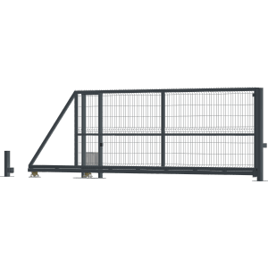 Szara brama przesuwna jako część systemu ogrodzeniowego.