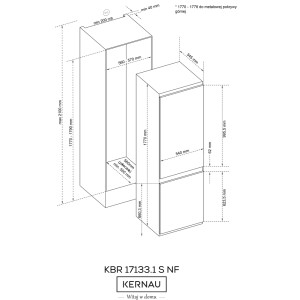 Rysunek techniczny: Lodówka do zabudowy z wymiarami. Idealna do planowania kuchni.