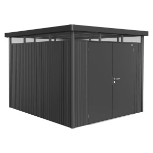 Metalowy domek narzędziowy Biohort HighLine, ciemnoszary metalik, 7,6 m² z podwójnymi drzwiami.