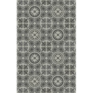 Szara wzorzysta wykładzina PCV z kwiatowymi ornamentami.