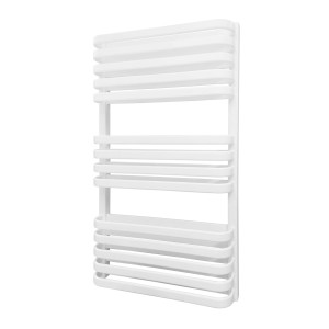 Biały grzejnik t.b.t. z poziomymi żeberkami grzewczymi.