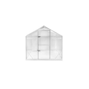 Jasna konstrukcja szklarni z drzwiami, idealna do ogrodu.