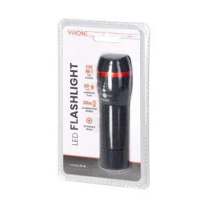 Czarna latarka LED Virone, 1W, 60 lumenów, z regulacją zoomu, w opakowaniu.