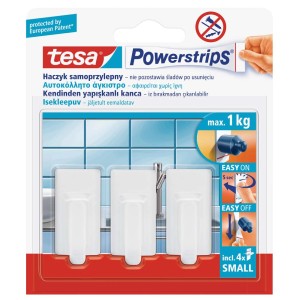 Tesa haczyki samoprzylepne, zestaw 3 szt., białe, zaokrąglone, z 4 Powerstrips Small, do akcesoriów łazienkowych.